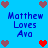 Blue background with pixelated text "Matthew Loves Ava" and heart symbols in red and purple, arranged in a pattern with repeated text and heart positions