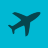 Dark teal silhouette of a commercial airplane in flight against a solid cyan background, viewed from above with wings extended and tail visible.