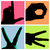 Black silhouette hand gestures on colored backgrounds: pink, orange, light blue, and lime green squares with a static