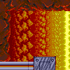 Pixelated lava flows with orange and red hues dominate the background, while a metallic structure with horizontal bars appears at the bottom.