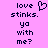 Pixelated text on a pink background with a heart symbol replacing the 'o' in 'love' on the left side.