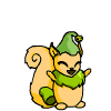 Animated squirrel with green hat and scarf in various poses against gray background.
