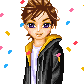 Pixel art character with brown hair and purple eyes in black jacket with yellow hood, surrounded by scattered confetti on gray background.