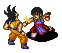 Two pixel-art characters in orange and blue martial arts uniforms with black hair, one holding a yellow star-shaped object while the other stands beside them.