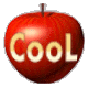 Two red apples with brown stems display the word 'Cool' in light yellow text against a gray background.