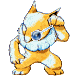 Animated sequence of a yellow and white cartoon creature with blue eyes, performing various poses against a gray background.