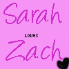Pink background with purple handwritten-style text reading 'Sarah' at top, 'LOVES' in pixelated black text in middle, and 'Zach' at bottom, plus a black heart symbol in bottom-right corner.