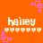 Pixelated orange background with white text 'hailey' and heart symbols, surrounded by pink square corner decorations.