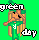 Pixel art of a character with long blonde hair, green outfit, and green headband against bright green background; text "green" above and speech bubble below.