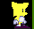 Pixelated yellow character with white gloves and purple shoes stands on dark background, head turning from left to right