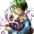 Pixelated character with green hair, brown skin, and purple clothing holding a red and gold object against a white background.