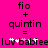 Pixelated text on bright pink background shows 'fio + quintin =' with 'luv babiee' below, where 'babiee' has white star-like pixels replacing some letters.