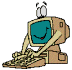 Pixelated cartoon character with computer monitor head, beige body, and white eyes typing on keyboard against gray background.