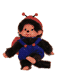 A 4-frame animated contact sheet of a cartoon monkey character in blue overalls and red antennae, shown in different poses with arms raised or bent.