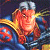 A pixelated contact sheet showing two frames of an animated icon featuring a Marvel Comics character with red hair and blue armor, alongside green text reading "Original Icons .com" on a dark background.