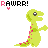 Animated contact sheet of a pixelated green dinosaur with pink spots across 10 frames showing text and heart variations above it.