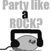 Pixelated graphic with text 'Party like a ROCK?' above a stylized radio with headphones and a vinyl record.