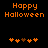 Pixelated orange text 'Happy Halloween' on black background with two of pixelated pumpkin icons below
