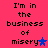 A static image with a bright pink background displays the text "I'm in the business of misery" in black pixelated font, with a blue star next to the word "misery" on the left and a purple star on the right.