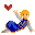 Pixel art character with blonde hair and blue dress extends arm toward red heart symbol in four sequential poses.