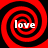 Four red and black spiral patterns arranged in a , each containing the word 'love' in white text