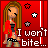 Pixel art contact sheet of a 3-frame animation showing a cartoon girl with long brown hair in red jacket and black top against red background, displaying text changes across frames.