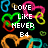 Pixelated icon with white text 'LOVE LIKE NEVER' and 'E4' over colorful looping shapes on black background.