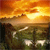 A static pixelated image depicts a sunset over a body of water with a distant shoreline, featuring warm orange and yellow sky tones transitioning to darker browns and greens below.