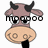 Pixelated cow head with brown body, black horns, and beige snout; text overlays change across frames while the cow's mouth remains open.