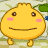 Yellow rounded character with pink cheeks and brown eyes displays multiple expressions including smiling, winking, and hand gestures against a patterned background.