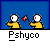 Pixelated character in yellow shirt with red eyes and white head, holding small flag-like object against blue background.
