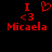 Red pixelated text and symbols on black background: 'I' with heart symbol, '<3', and 'Micaela' in two side-by-side views.