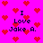 Pixelated pink background with red heart shapes and black text reading "I Love Jake A." in four identical sections.