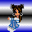 Pixelated character with brown hair in twin buns, blue and white outfit, floating against striped background with partial text fragments.