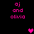 Pixelated text 'aj and olivia' in bright pink on black background with three pixel hearts, two pink and one purple.