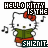 Hello Kitty character in green outfit with red bow, surrounded by musical notes and text elements.