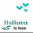 Pixelated teal hearts and text 'Hollister' with a small wave and 'In' on a white background.