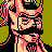 Pixelated 48x48 static icon of a character with pink hair, black mustache, and yellow background in low-resolution style.