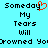 Pixelated text on cyan background with red heart symbol replacing 'y' in 'Someday' on left side, mirrored text on right side.