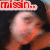 Pixelated image of a person with dark hair and light skin, showing two states: one with red text 'missin...' at top left and another with red text 'him :' at bottom right.