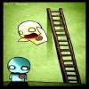 Pixelated cartoon character with blue head and white eyes stands below a floating yellow creature with red mouth and white eyes, next to a tall brown ladder on green background.
