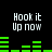 Pixelated text 'Hook it Up now' appears in four quadrants above green audio equalizer bars on a black background, with equalizer bars changing height across frames.