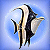 Pixelated fish-shaped icon with black, white, and beige coloration against a light blue gradient background.