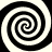 Four black-and-white spiral patterns arranged in a with alternating clockwise and counterclockwise rotations on a light background