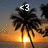 Pixelated sunset scene with palm tree silhouette, bright sun at horizon, and white '3' symbol above the tree against a gradient sky.