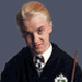 nine shows a person in a dark robe with a white shirt and patterned tie, holding a thin brown wand, with green text reading "Draco Malfoy" overlaid on each