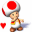 Pixelated character with red-and-white mushroom cap, white tunic, brown shoes, and yellow-red sash stands in various poses next to red hearts and 'TOAD!' text.