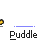 Pixelated yellow figure with white head and black eyes, performing a sequence of gestures above blue line on gray background, text 'Puddle' below.