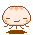 Two pixel art frames of a round, smiling cloud-like character with brown outlines and blush marks on cheeks, standing on a brown base against gray background.