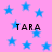 Pink background with scattered blue stars and four instances of the text 'TARA' in black pixelated font.
